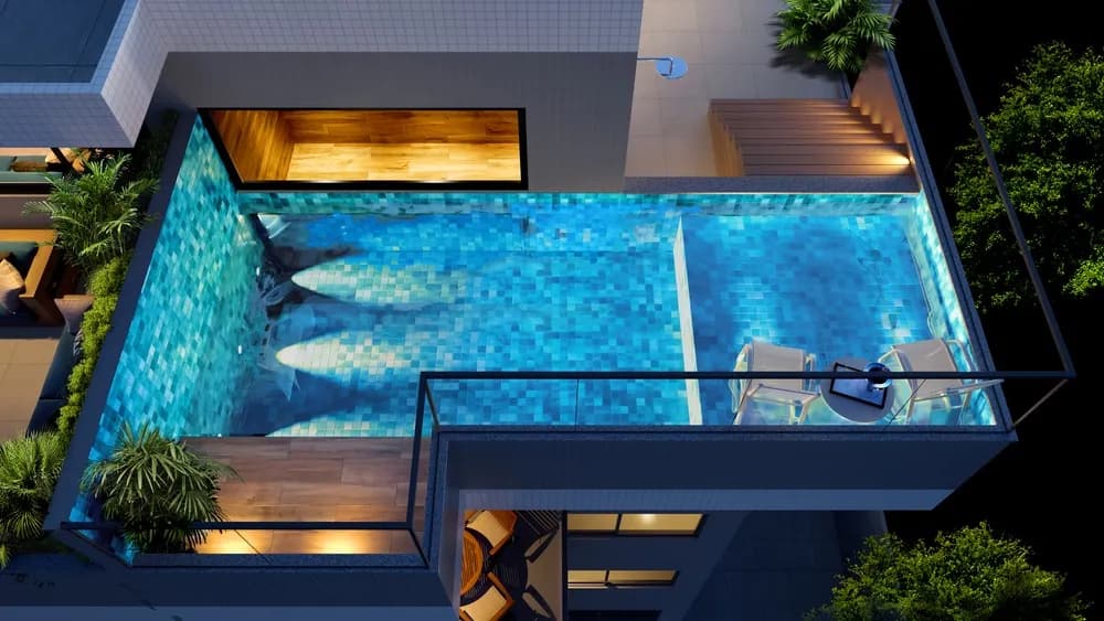 Piscina com sauna e deck molhado